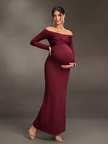 Cheriluna Maternity Maternity Solid Color Off-Shoulder Casual Party & Travel Dress - Burgundy - View 6