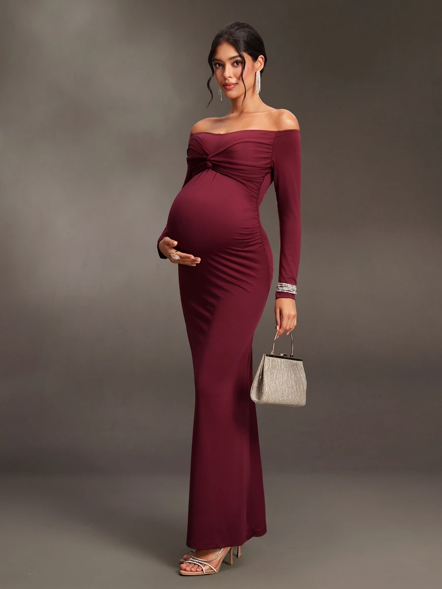 Cheriluna Maternity Maternity Solid Color Off-Shoulder Casual Party & Travel Dress - Burgundy - View 1