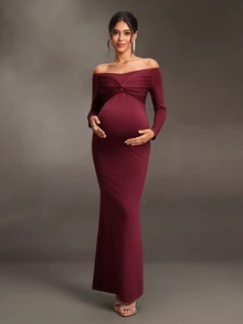 Cheriluna Maternity Maternity Solid Color Off-Shoulder Casual Party & Travel Dress - Burgundy - View 5