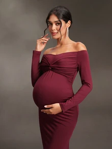 Cheriluna Maternity Maternity Solid Color Off-Shoulder Casual Party & Travel Dress - Burgundy - View 4