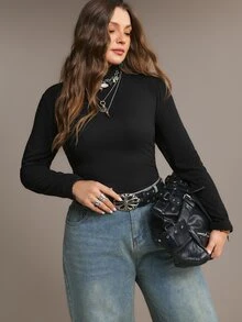 Freevana Plus Size Women Autumn/Winter Versatile Turtleneck Base Layer T-Shirt Formal Evening Holiday Black Casual Soft Baggy - Black - View 7