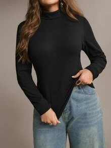 Freevana Plus Size Women Autumn/Winter Versatile Turtleneck Base Layer T-Shirt Formal Evening Holiday Black Casual Soft Baggy - Black - View 4