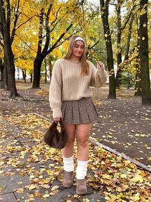 GalTyme Plus Size Casual Commute Plaid Pleated Skirt - Brown - View 3