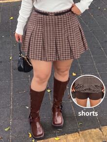 GalTyme Plus Size Casual Commute Plaid Pleated Skirt - Brown - View 2