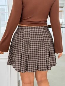 GalTyme Plus Size Casual Commute Plaid Pleated Skirt - Brown - View 6