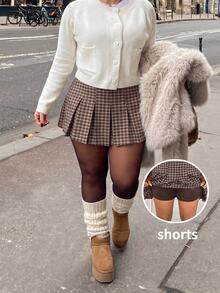 GalTyme Plus Size Casual Commute Plaid Pleated Skirt - Brown - View 1