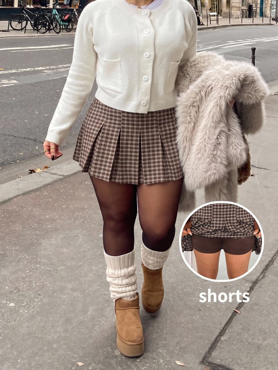 GalTyme Plus Size Casual Commute Plaid Pleated Skirt - Brown - View 1
