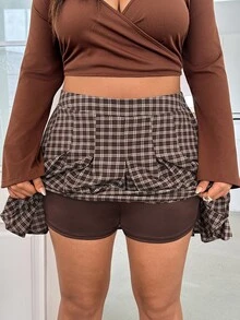 GalTyme Plus Size Casual Commute Plaid Pleated Skirt - Brown - View 5
