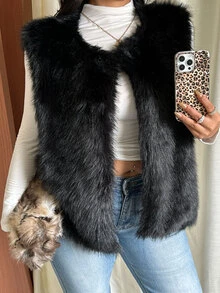 GalTyme Plus Size Fashion Street Faux Fur Vest - Black - View 6