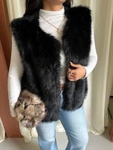 GalTyme Plus Size Fashion Street Faux Fur Vest - Black - View 7