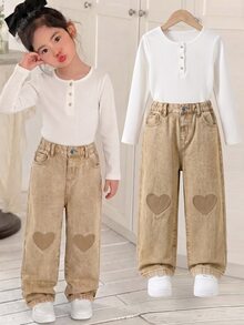 SHEIN ChillGRL Girls' Casual Cowgirl Straight Wide Leg Embroidered Heart Sweet Cool Versatile Minimalist 2025 New Multi-Pocket Washed Denim Jeans Baby Blue Summer - Khaki - View 2