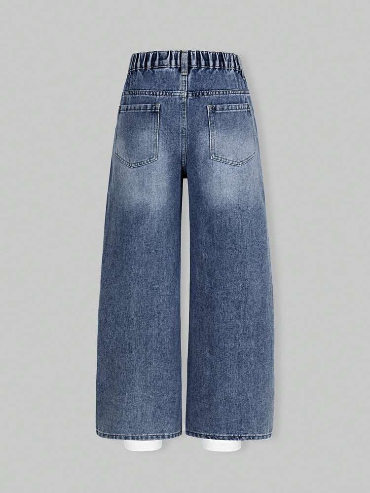 SHEIN Explorewe Tween Girls Jeans Y2K Style Autumn/Winter New Arrival Mid-Blue Retro Wide Leg Butterfly Shape Rhinestone Fashion Casual Washed Denim Long Pants Versatile For Multiple Occasions - Blue - View 2