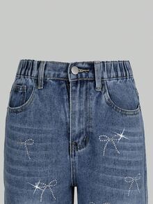 SHEIN Explorewe 青少年女孩牛仔褲 Y2K 可愛風 夏季新品 藍白配色復古寬腿 蝴蝶造型水鑽裝飾 時尚休閒水洗牛仔長褲 - 藍色 - 查看 6