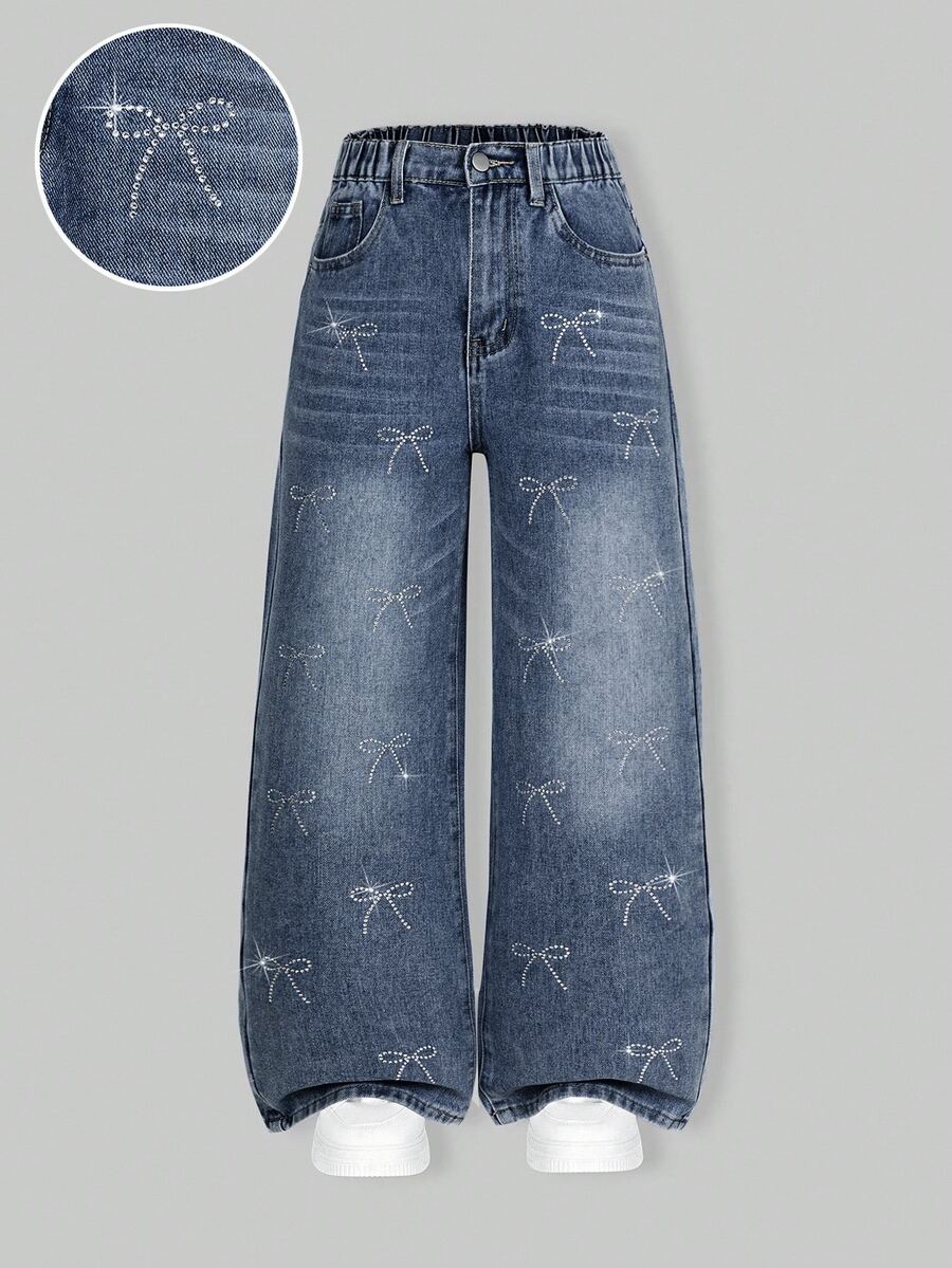 SHEIN Explorewe 青少年女孩牛仔褲 Y2K 可愛風 夏季新品 藍白配色復古寬腿 蝴蝶造型水鑽裝飾 時尚休閒水洗牛仔長褲 - 藍色 - 查看 1