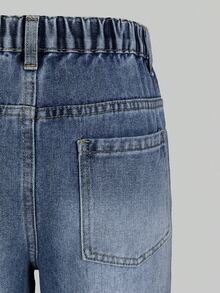 SHEIN Explorewe 青少年女孩牛仔褲 Y2K 可愛風 夏季新品 藍白配色復古寬腿 蝴蝶造型水鑽裝飾 時尚休閒水洗牛仔長褲 - 藍色 - 查看 4