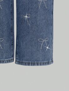 SHEIN Explorewe 青少年女孩牛仔褲 Y2K 可愛風 夏季新品 藍白配色復古寬腿 蝴蝶造型水鑽裝飾 時尚休閒水洗牛仔長褲 - 藍色 - 查看 5
