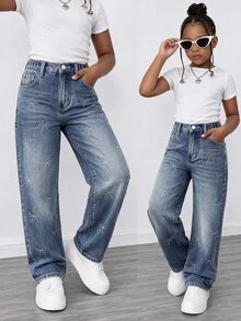 SHEIN Explorewe 青少年女孩牛仔褲 Y2K 可愛風 夏季新品 藍白配色復古寬腿 蝴蝶造型水鑽裝飾 時尚休閒水洗牛仔長褲 - 藍色 - 查看 3
