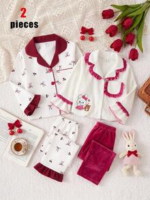 Girls' Thin Autumn/Winter Brushed Crystal Brushed Fabric Ruffle Contrast Color Patchwork Princess Vintage Cartoon Rabbit Graphic Long Sleeve Top And Long Pants 2 Pieces Set Pajamas Loungewear - Multicolor - View 1