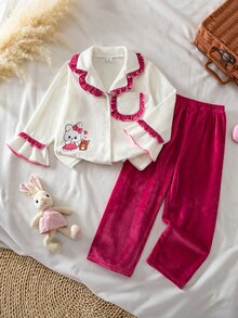 Girls' Thin Autumn/Winter Brushed Crystal Brushed Fabric Ruffle Contrast Color Patchwork Princess Vintage Cartoon Rabbit Graphic Long Sleeve Top And Long Pants 2 Pieces Set Pajamas Loungewear - Multicolor - View 4