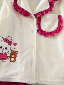 Girls' Thin Autumn/Winter Brushed Crystal Brushed Fabric Ruffle Contrast Color Patchwork Princess Vintage Cartoon Rabbit Graphic Long Sleeve Top And Long Pants 2 Pieces Set Pajamas Loungewear - Multicolor - View 8