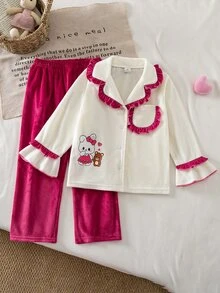 Girls' Thin Autumn/Winter Brushed Crystal Brushed Fabric Ruffle Contrast Color Patchwork Princess Vintage Cartoon Rabbit Graphic Long Sleeve Top And Long Pants 2 Pieces Set Pajamas Loungewear - Multicolor - View 3