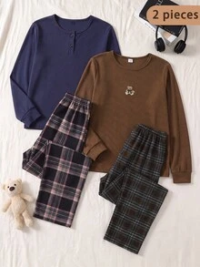 Boys Brown Solid Color Comfortable Plaid 2 Pieces Set Long Pants & Long Sleeve Loungewear - Coffee Brown - View 8