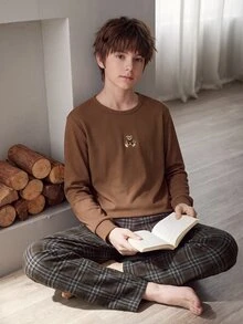 Boys Brown Solid Color Comfortable Plaid 2 Pieces Set Long Pants & Long Sleeve Loungewear - Coffee Brown - View 3