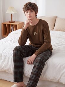 Boys Brown Solid Color Comfortable Plaid 2 Pieces Set Long Pants & Long Sleeve Loungewear - Coffee Brown - View 7