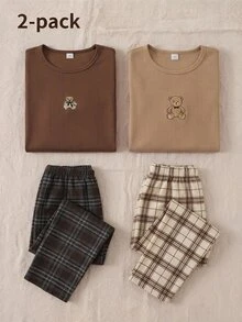 Boys Brown Solid Color Comfortable Plaid 2 Pieces Set Long Pants & Long Sleeve Loungewear - Coffee Brown - View 9