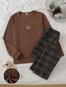 Boys Brown Solid Color Comfortable Plaid 2 Pieces Set Long Pants & Long Sleeve Loungewear - Coffee Brown - View 10