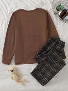 Boys Brown Solid Color Comfortable Plaid 2 Pieces Set Long Pants & Long Sleeve Loungewear - Coffee Brown - View 2