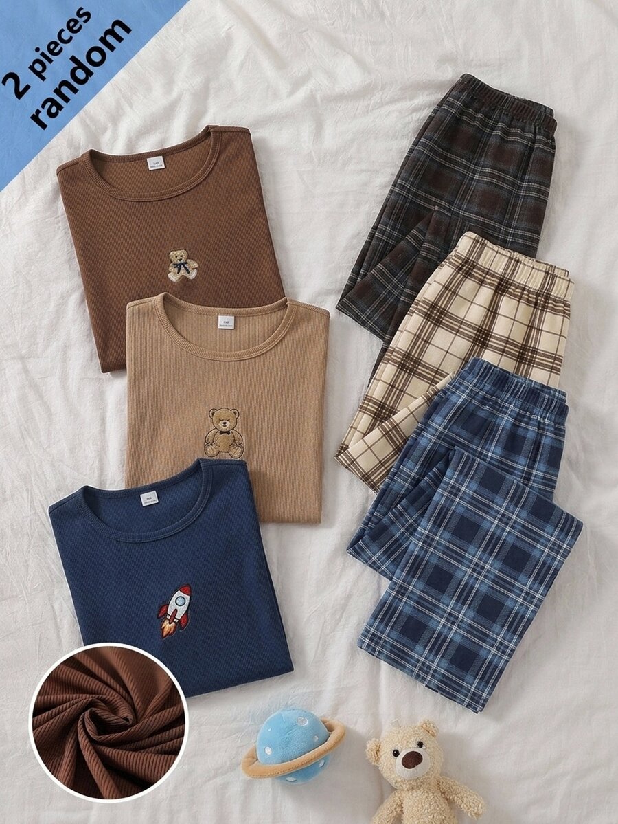 Boys Brown Solid Color Comfortable Plaid 2 Pieces Set Long Pants & Long Sleeve Loungewear - Coffee Brown - View 1