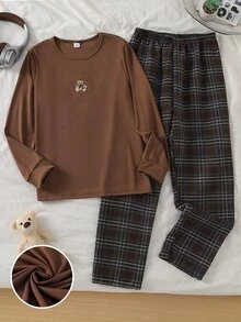 Boys Brown Solid Color Comfortable Plaid 2 Pieces Set Long Pants & Long Sleeve Loungewear - Coffee Brown - View 4