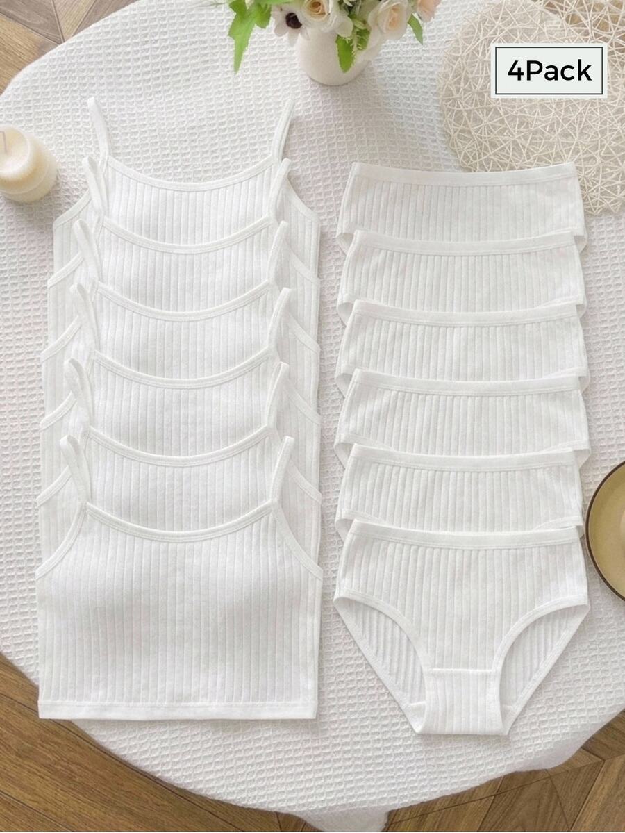 2 Sets Tween Girl Solid Color Textured Fabric White Traceable Cotton Camisole & Triangle Bra Set Autumn Winter - White - View 1