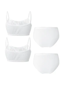 2 Sets Tween Girl Solid Color Textured Fabric White Traceable Cotton Camisole & Triangle Bra Set Autumn Winter - White - View 2
