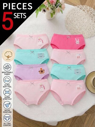 SHEIN Celana Dalam Katun Lucu untuk Anak Perempuan, dengan Desain Hewan Menggemaskan seperti Domba, Anak Kucing, Unicorn, Kelinci dan Kapibara, Tersedia dalam Berbagai Warna dan Motif, Cocok untuk Semua Musim. Set 5 Potong.