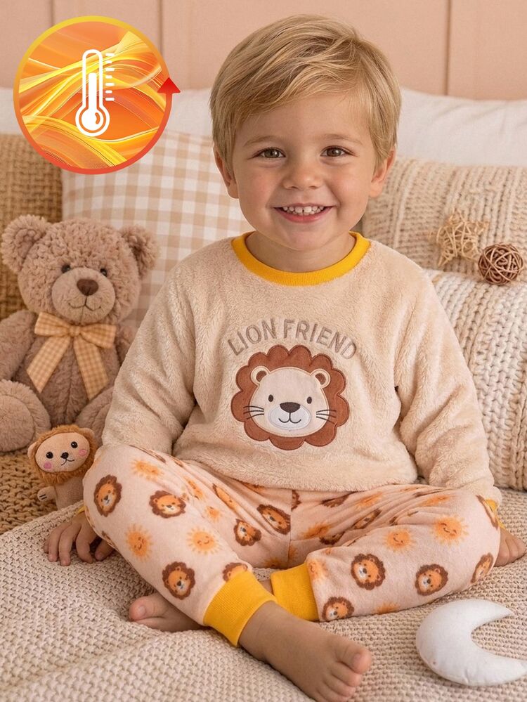 2pcs/Set Boys Pajamas, Lion Embroidery, Warm Soft Skin-Friendly Fleece Long Sleeve & Long Pants Loungewear Set Autumn Winter - Yellow - View 9