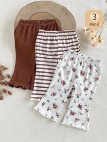 SHEIN Playful Pals 3件組女嬰棕色與白色純色彈性腰寬腿休閒可愛趣味褲，春/秋幼兒園穿搭 - 咖啡棕 - 查看 3