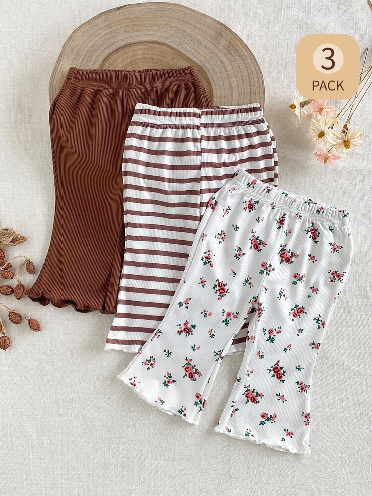 SHEIN Playful Pals 3pcs Baby Girls' Brown White Solid Color Elastic Waist Flare Leg Casual Cute Funny Pants, Spring/Autumn Nursery - Coffee Brown - View 3