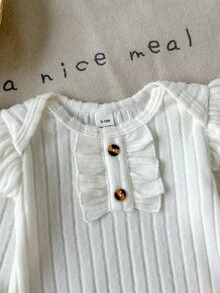 SHEIN Vintaside Kids 3件組女嬰連身衣褲套裝，可愛米白色與粉色蝴蝶結荷葉邊愛心羅紋長袖圓領套頭衣，附髮帶，適合生日、家庭派對、秋季穿著 - 粉色 - 查看 6