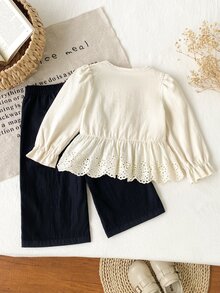 SHEIN 2pcs Toddler Girl Top Pants Set Cute Sweet Beige Black Bow Eyelet Lace Ruffle Long Sleeve Round Neck Regular Birthday Party Fall Holiday Solid Peplum - Black - View 2