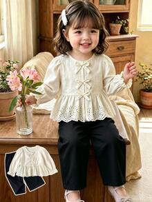 SHEIN 2pcs Toddler Girl Top Pants Set Cute Sweet Beige Black Bow Eyelet Lace Ruffle Long Sleeve Round Neck Regular Birthday Party Fall Holiday Solid Peplum - Black - View 3