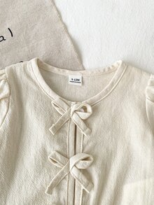SHEIN 2pcs Toddler Girl Top Pants Set Cute Sweet Beige Black Bow Eyelet Lace Ruffle Long Sleeve Round Neck Regular Birthday Party Fall Holiday Solid Peplum - Black - View 4