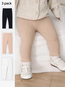 SHEIN Vintaside Kids 3件組女嬰夏季服飾 開學季 6個月-3歲 休閒極簡風 白色 黑色 灰色 杏色 寬螺紋波浪下擺 鬆緊腰彈性內搭褲 舒適柔軟 適合運動通勤 春夏出遊與禮品 - 彩色 - 查看 3
