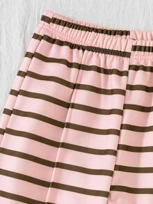 SHEIN Elladie kids Girls Fleece Striped Outfits, Cute Half Zip Bow Sweatshirt Wide Leg Pants 2 Pieces Set Autumn Winter - Pink - View 8