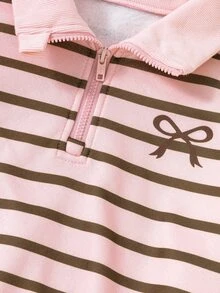 SHEIN Elladie kids Girls Fleece Striped Outfits, Cute Half Zip Bow Sweatshirt Wide Leg Pants 2 Pieces Set Autumn Winter - Pink - View 6