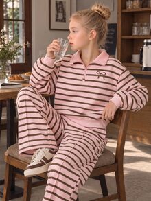 SHEIN Elladie kids Girls Fleece Striped Outfits, Cute Half Zip Bow Sweatshirt Wide Leg Pants 2 Pieces Set Autumn Winter - Pink - View 1