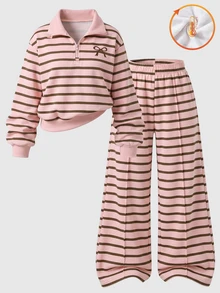 SHEIN Elladie kids Girls Fleece Striped Outfits, Cute Half Zip Bow Sweatshirt Wide Leg Pants 2 Pieces Set Autumn Winter - Pink - View 3