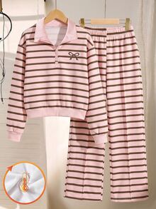 SHEIN Elladie kids Girls Fleece Striped Outfits, Cute Half Zip Bow Sweatshirt Wide Leg Pants 2 Pieces Set Autumn Winter - Pink - View 4