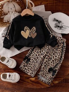 SHEIN Playful Pals Baby Girls Leopard Print Outfits Long Sleeve Heart Top And Bowknot Wide Leg Pants 2pcs Set For Casual Daily WearBirthday Party - Black - View 1